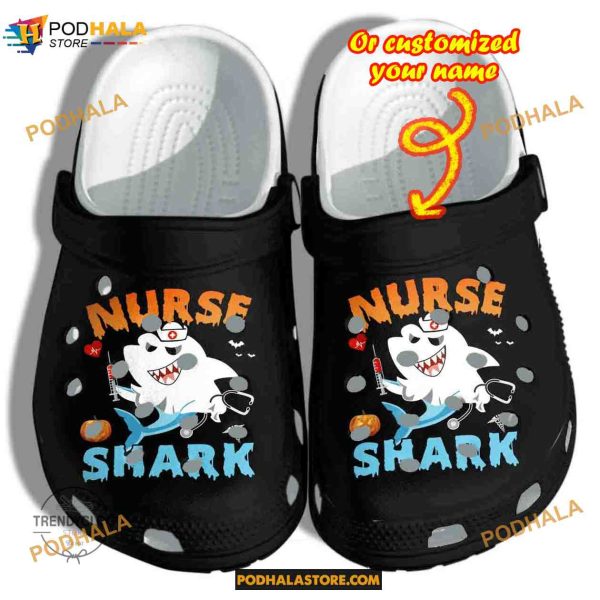 Custom Name Halloween Nurse Shark Boo Costume Funny Clog Shoes, Halloween Crocs