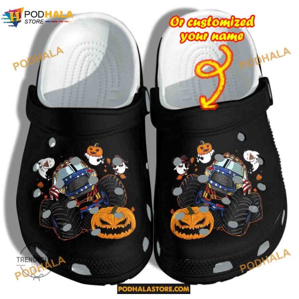 Custom Name Halloween Pumpkin Monsters Truck Funny Clog Shoes, Halloween Crocs