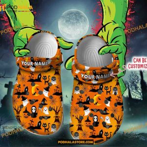 Custom Name Halloween Seamless Pattern Funny Clog Shoes, Halloween Crocs