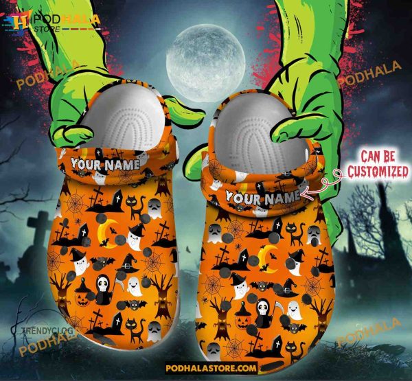 Custom Name Halloween Seamless Pattern Funny Clog Shoes, Halloween Crocs