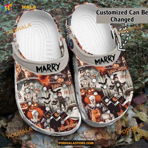 Custom Name Horror Fall Vintage Scary Faces Funny Clog Shoes, Halloween Crocs