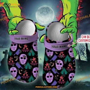 Custom Name Horrors Halloween Pattern Funny Clog Shoes, Halloween Crocs