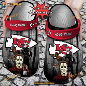 Custom Name KC Chiefs Horror Movie Funny Clog Shoes, Halloween Crocs