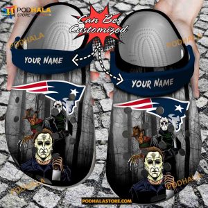 Custom Name NE Patriots Horror Movie Funny Clog Shoes, Halloween Crocs