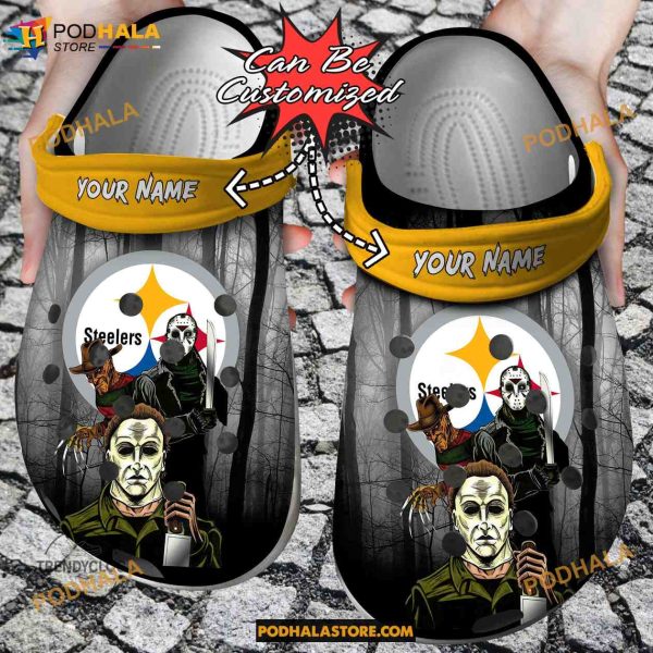 Custom Name Pittsburgh Steelers Horror Movie Funny Clog Shoes, Halloween Crocs