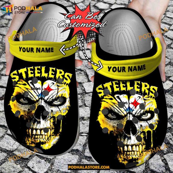 Custom Name Pittsburgh Steelers Skull Face Funny Clog Shoes, Halloween Crocs