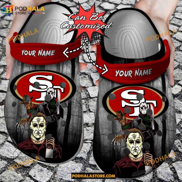 Custom Name San Francisco 49ers Horror Movie Funny Clog Shoes, Halloween Crocs