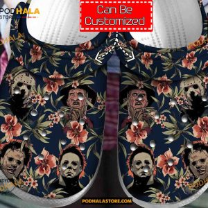 Custom Name Tropical Horror Faces Pattern Funny Clog Shoes, Halloween Crocs