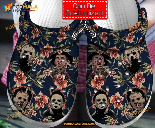 Custom Name Tropical Horror Faces Pattern Funny Clog Shoes, Halloween Crocs