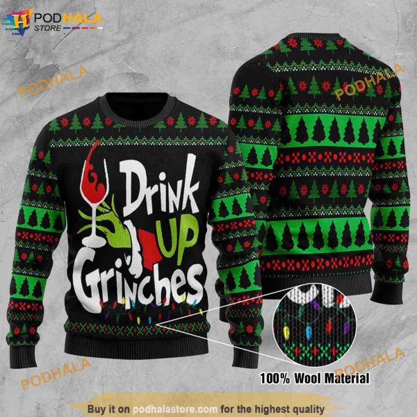 Drink Up Grinches Xmas Lights Funny Grinch Ugly Sweater