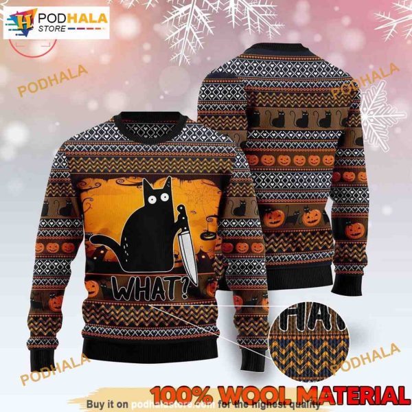 Funny Black Cat What Scare Halloween Ugly Holiday Sweaters