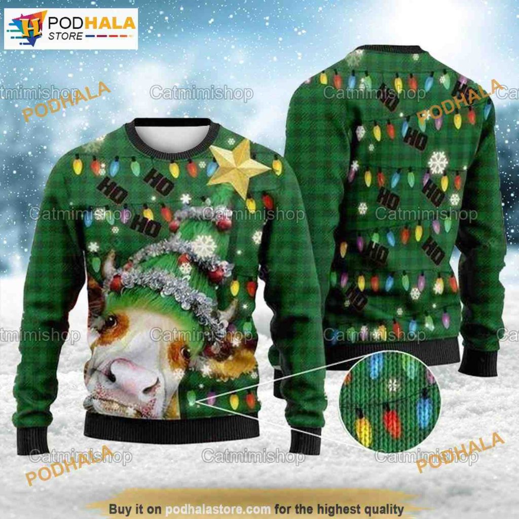 Funny Cow Lights Ugly Holiday Sweaters, Ho Ho Ho Tree, Cow Womann Gifts