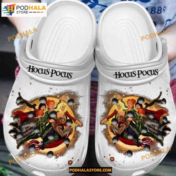 Funny White Hocus Pocus Witches On Broom Clogs Shoes Halloween Crocs