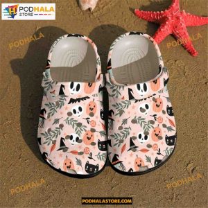 Ghost And Black Cat Pink Clogs Shoes Comfy Footwear Halloween Crocs