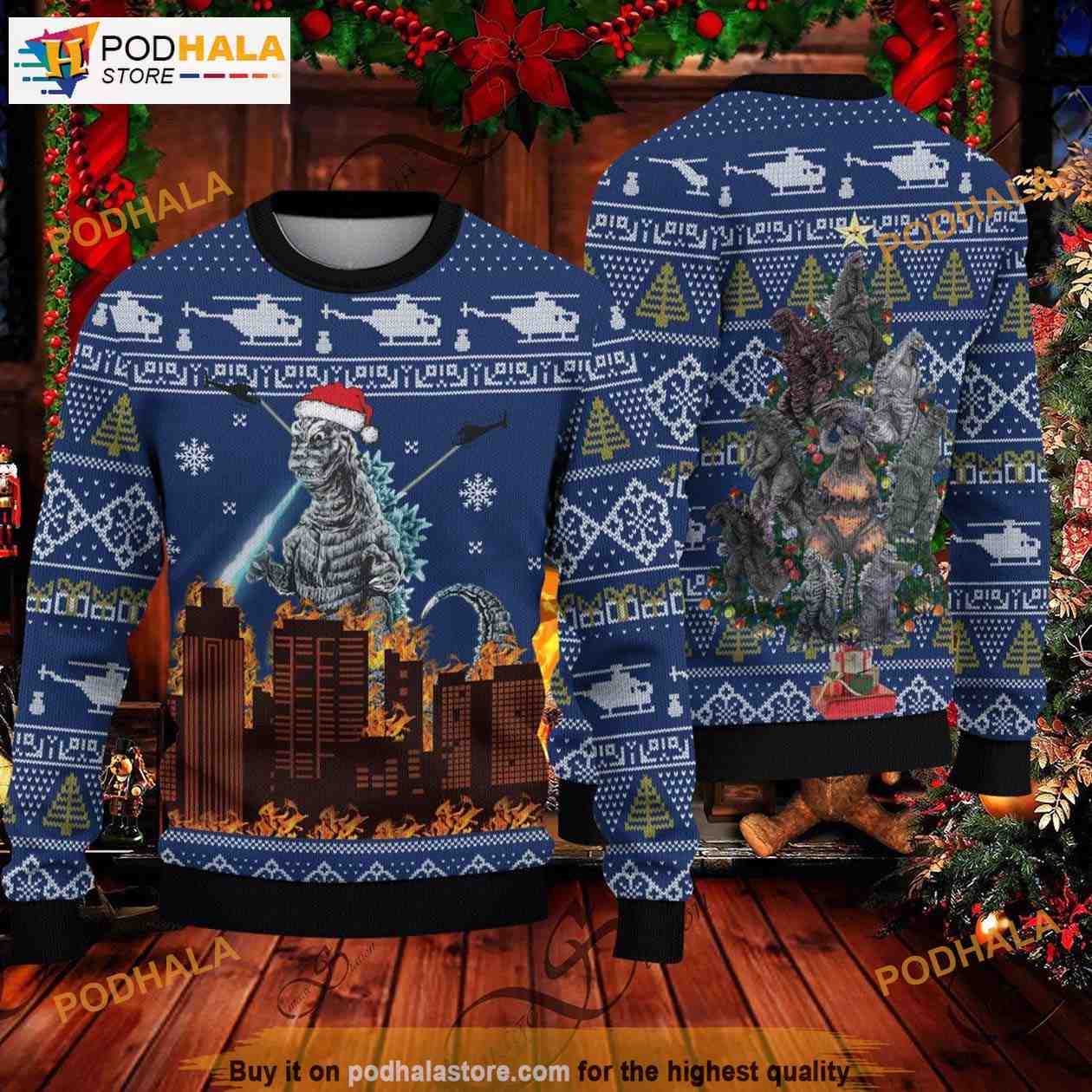 Ugly christmas sweater clearance godzilla