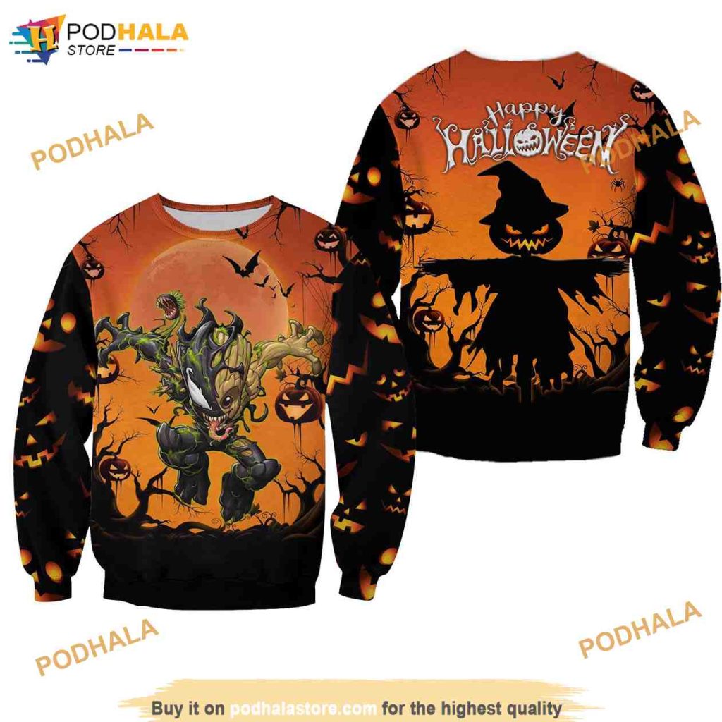 Groot Happy Halloween Black Orange 3D Naughty Ugly Sweater