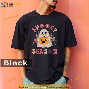 Groovy Spooky Season Cute Ghost Holding Pumpkin Halloween Comfort Colors Shirt 2