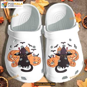 Halloween Black Cat Kawaii Wearing Witch Hat Crocband Clogs Shoes Halloween Crocs