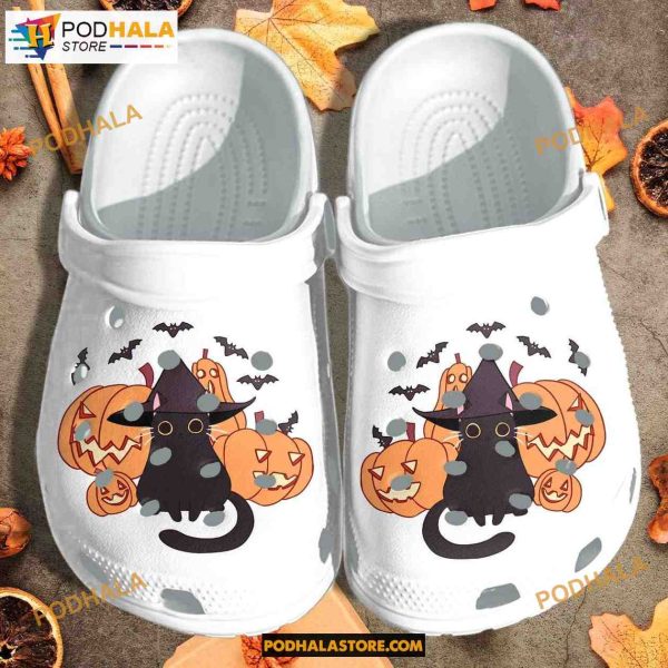 Halloween Black Cat Kawaii Wearing Witch Hat Crocband Clogs Shoes Halloween Crocs