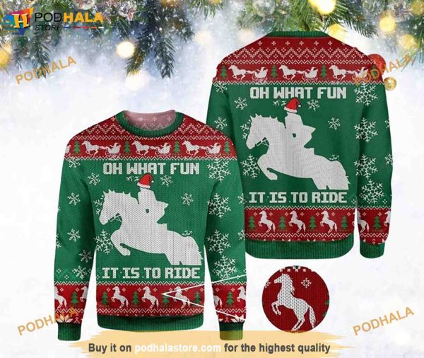 Horse Oh What Fun It Is To Ride Horse Christmas Green Red 3D Funny Ugly Sweater