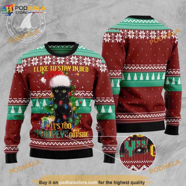 I Like To Stay In Bed It Is Too Peopley Outside Cat Knitted Christmas Funny Ugly Sweater, Xmas Gifts