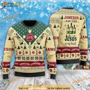 Jameson In My Veins Jesus In My Heart Funny Ugly Sweater, Xmas 3D Funny Ugly Sweater