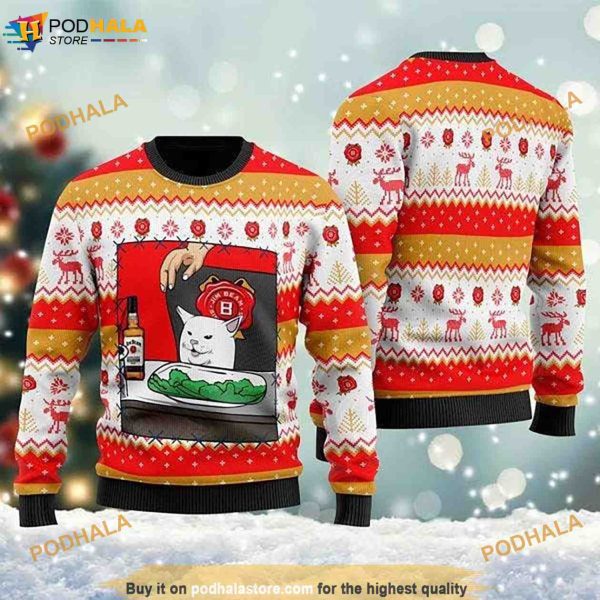 Jim Beam Cat Meme Christmas Funny Ugly Sweater, Knitted Christmas Sweatshirt