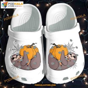 Mom And Baby Sloth Playing With Pumpkin Halloween Crocs Clog Shoes