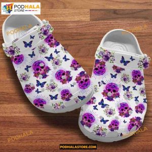 Purple Sugar Skulls And Butterfliess Crocs, Sugar Skulls Band Clog, Halloween Gift