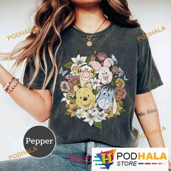 Retro Winnie The Pooh Comfort Colors Shirt, Floral Disney Woman Disneyland Shirt