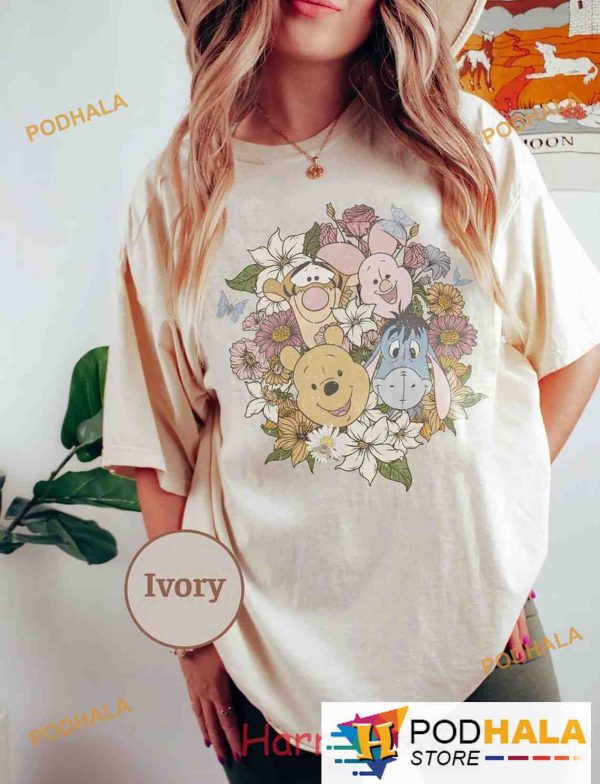 Retro Winnie The Pooh Comfort Colors Shirt, Floral Disney Woman Disneyland Shirt