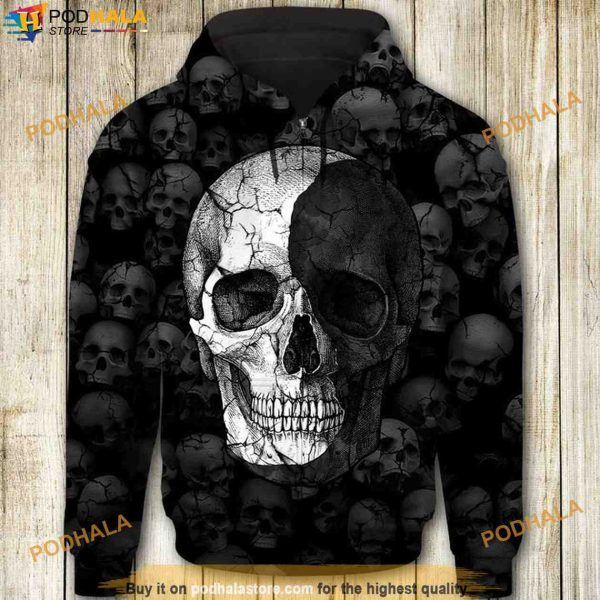 Skull Black And White Halloween 3D Hoodie, Halloween Gifts For Kids