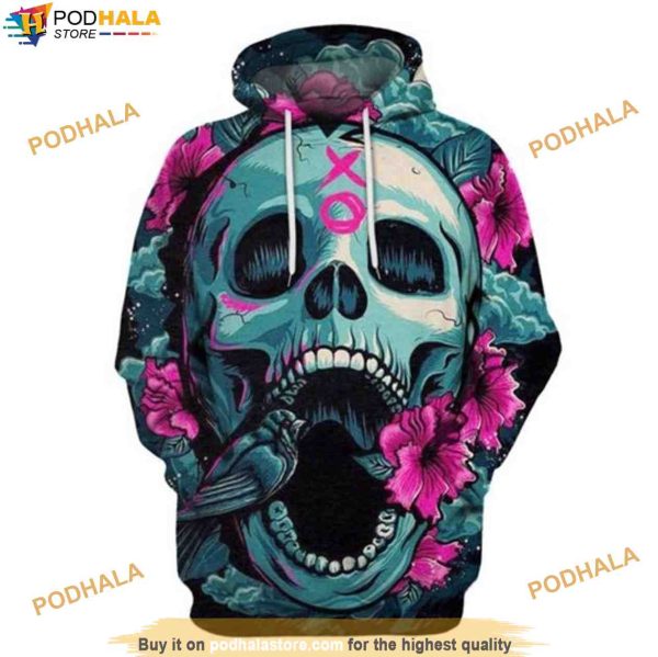 Skull Flower Full Over Printing Halloween 3D Hoodie, Halloween Gifts For Kids