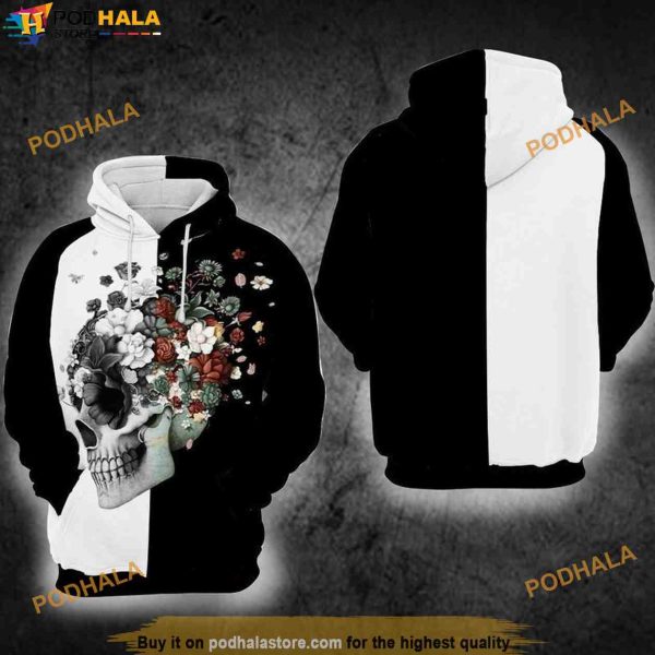 Skull Roses Black And White Over Print Halloween 3D Hoodie, Halloween Gift Ideas