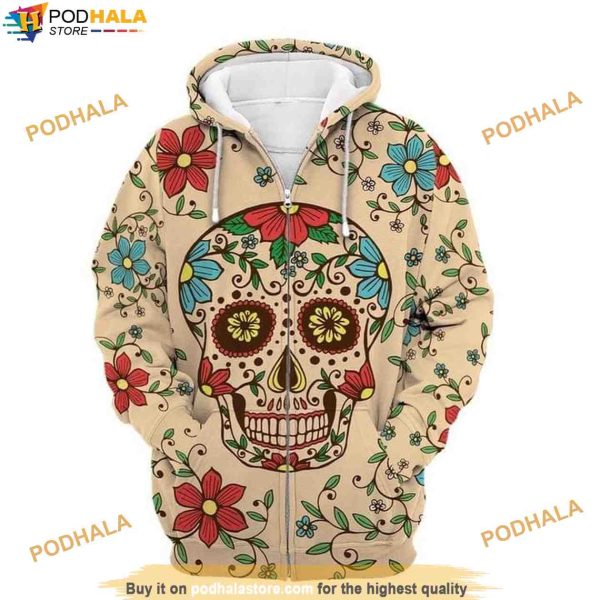 Skull Tattoo Flowers Halloween 3D Hoodie, Halloween Gifts For Adults
