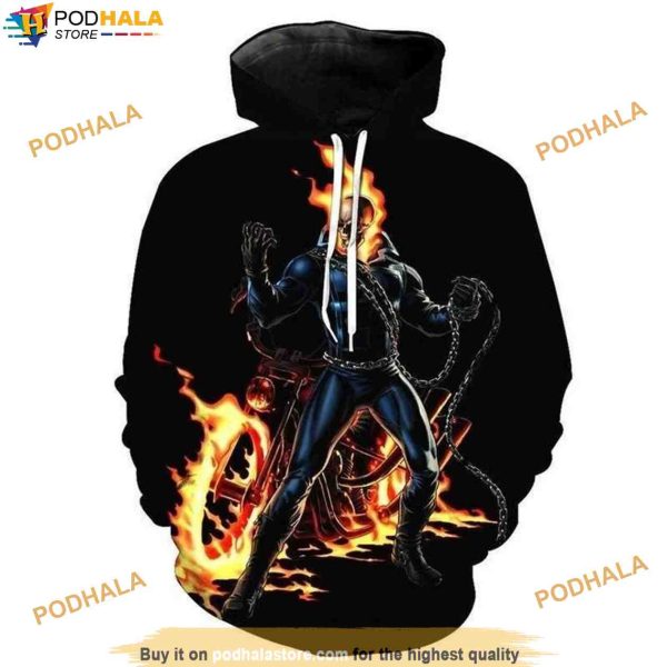 Skull s Burning Flame Ghost Rider Over Print Halloween 3D Hoodie, Halloween Gift Ideas