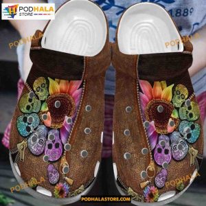 Sugar Skulls Colorful Sunflower Leather Zipper Day Of The Dead Halloween Crocs