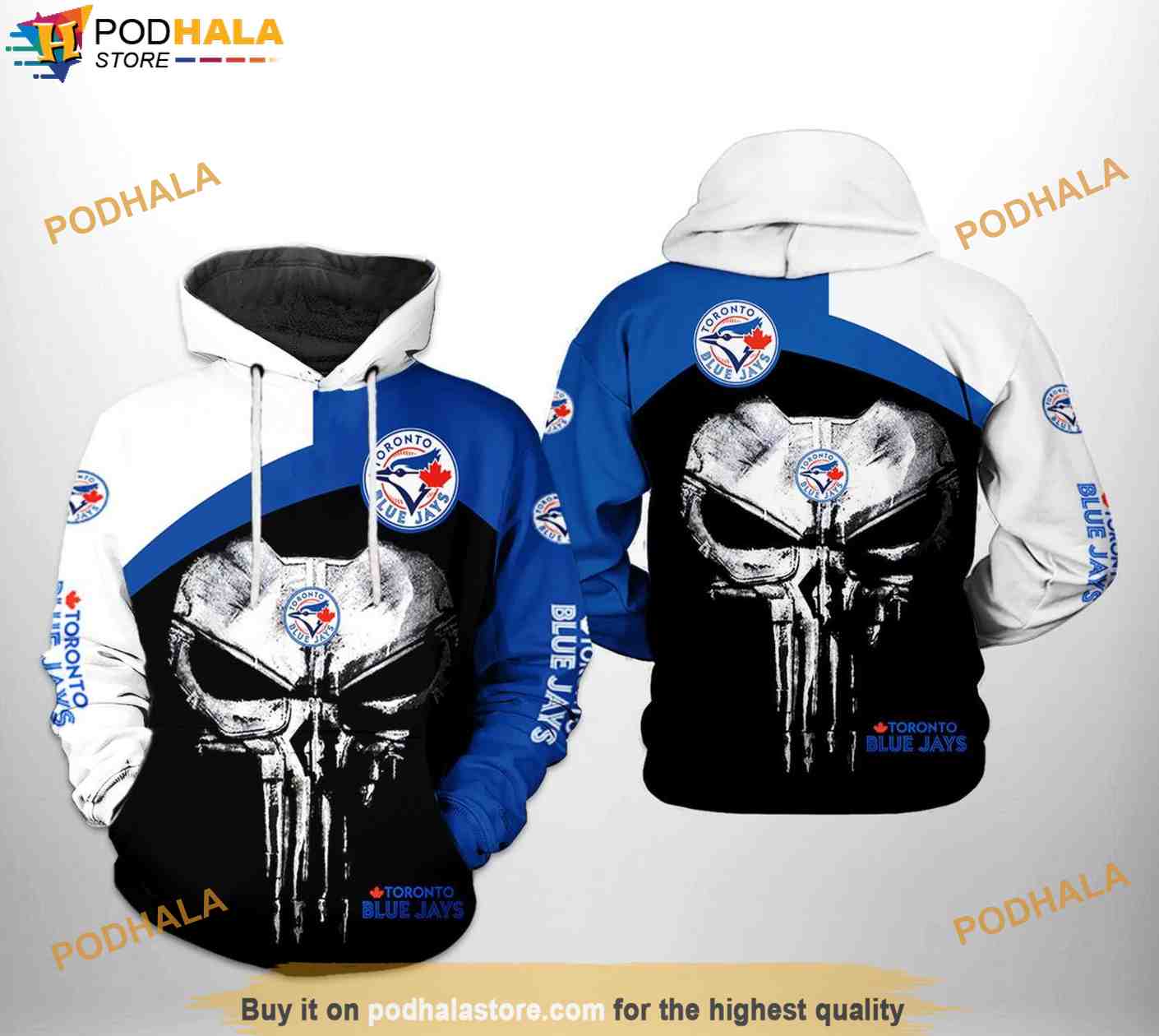 Toronto Blue Jays MLB Skull Punisher 3D Hoodie, MLB Clothing For