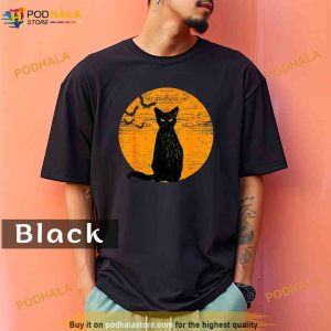 Vintage Scary Halloween Black Cat Costume Retro Moon Cat Mom Comfort Colors Shirt 2