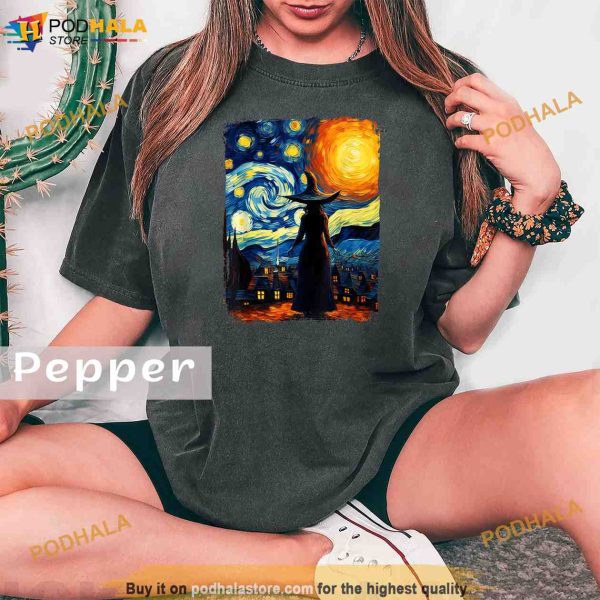 Witch Halloween Starry Night Van Gogh Aesthetic Painting Comfort Colors Shirt