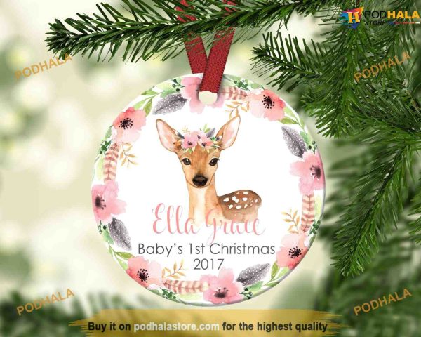 Baby Deer First Christmas Ornament, Personalized Family Christmas Bauble