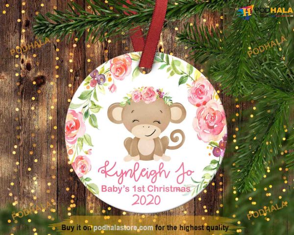 Baby Monkey First Christmas Ornament, Personalized Baby’s 1st Christmas