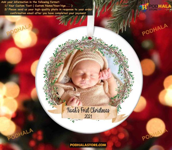 Baby’s First Christmas Ornament Custom Photo, Personalized Name
