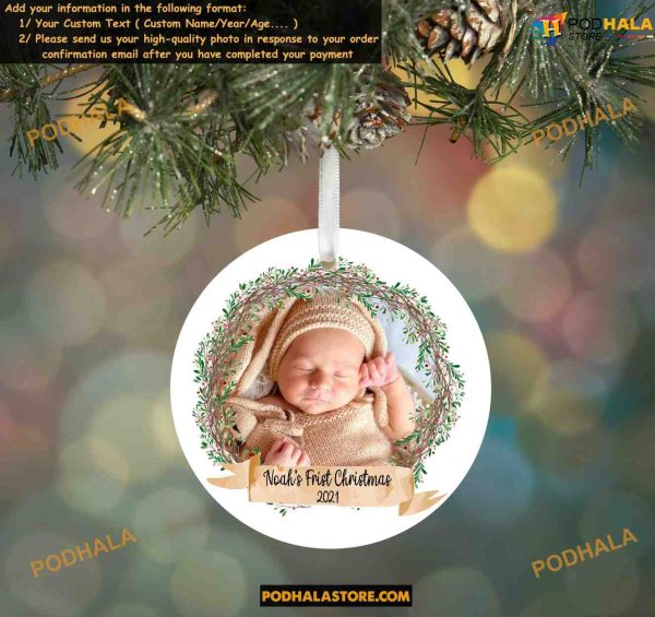 Baby’s First Christmas Ornament Custom Photo, Personalized Name