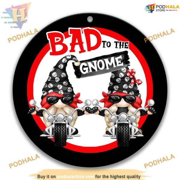 Biker Gnome Harley Metal Wreath Sign Ornament, Funny Christmas Ornaments