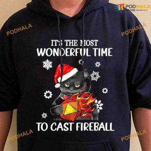 Black Cat And Fireball Dungeon And Dragon Christmas Shirt, It’s The Most Wonderful Time To Cast Fireball Shirt