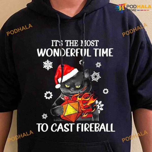 Black Cat And Fireball Dungeon And Dragon Christmas Shirt, It’s The Most Wonderful Time To Cast Fireball Shirt