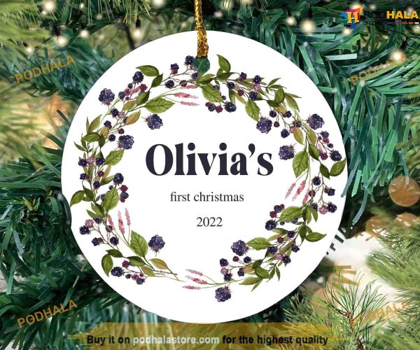 Blackberry Wreath Baby’s First Christmas Ornament, Personalized Family Decor
