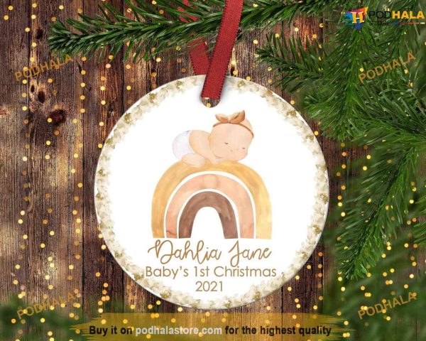 Boho Rainbow Baby’s First Christmas Ornament, Personalized Family Keepsake