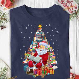 Books Christmas Tree And Santa Reading Book Shirt